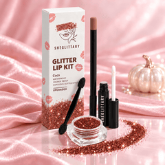 SHEGLITTARY Coca Glitter Lip Kit – upgraded packaging on pink satin
