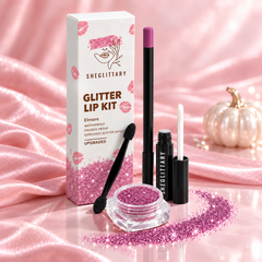 SHEGLITTARY Elmore Glitter Lip Kit – upgraded packaging on pink satin