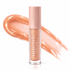 Sheglittary High Lip Gloss Golden Caramel bottle and matching gloss swatch