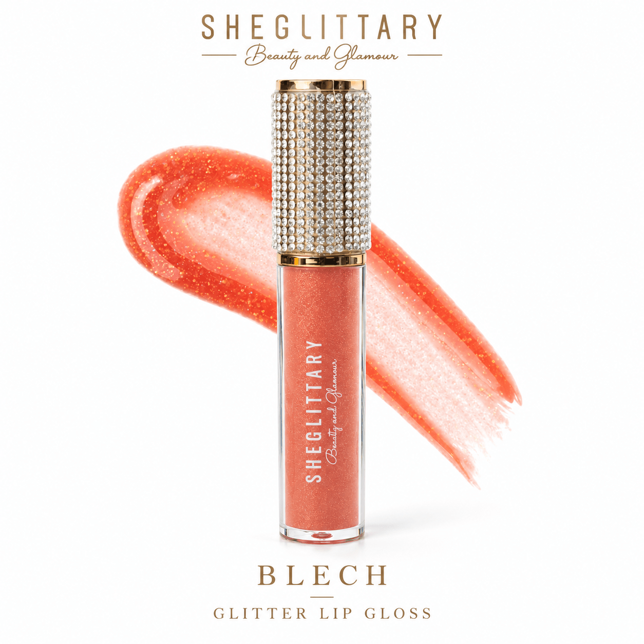 Sheglittary Glitter Lip Gloss Blech bottle and swatch