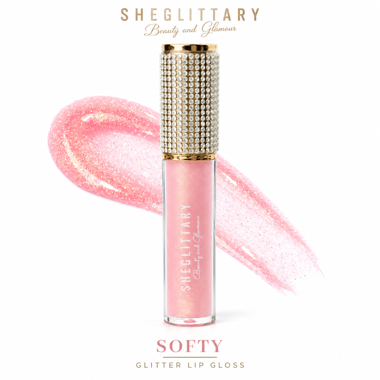 Sheglittary Glitter Lip Gloss Softy bottle and swatch