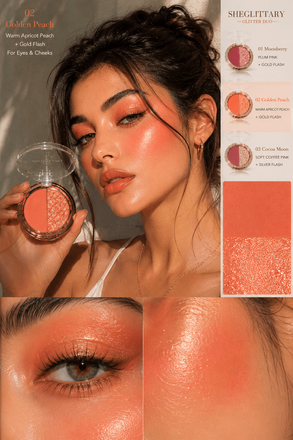 SHEGLITTARY Glitter Duo eyeshadow palette with ultra-pigmented matte and shimmer shades, soft glam sparkle finish, swatched on multiple skin tones for everyday and party makeup looks.