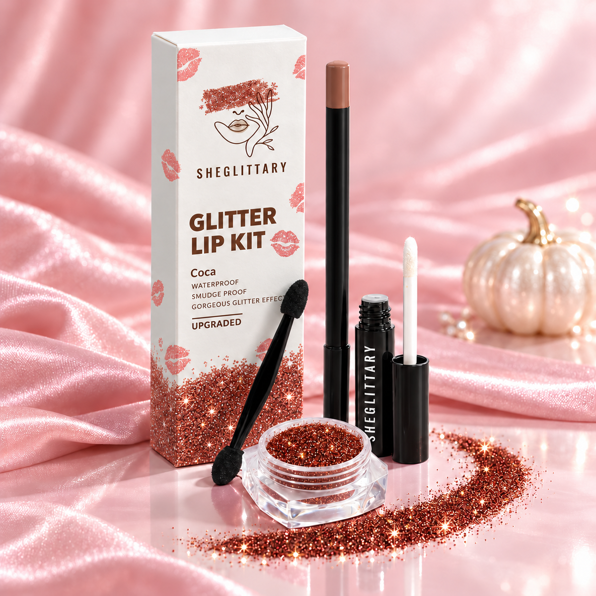 SHEGLITTARY Coca Glitter Lip Kit – upgraded packaging on pink satin