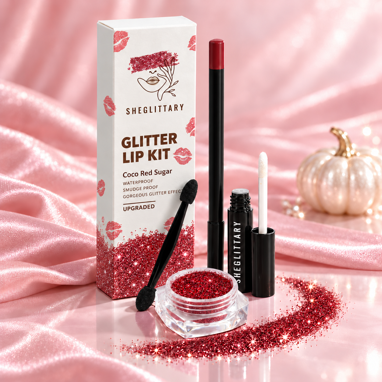 SHEGLITTARY Coco Red Sugar Glitter Lip Kit – upgraded packaging on pink satin
