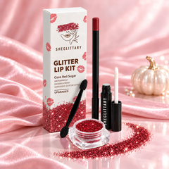 SHEGLITTARY Coco Red Sugar Glitter Lip Kit – upgraded packaging on pink satin