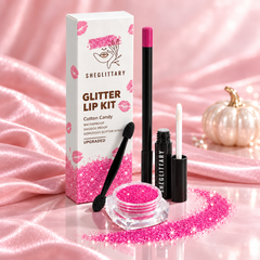 SHEGLITTARY Cotton Candy Glitter Lip Kit – upgraded packaging on pink satin