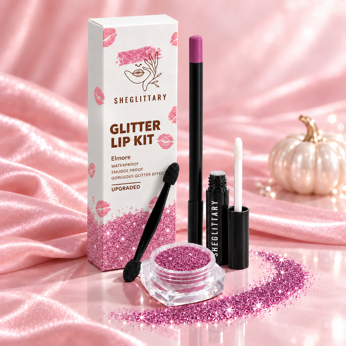 SHEGLITTARY Elmore Glitter Lip Kit – upgraded packaging on pink satin