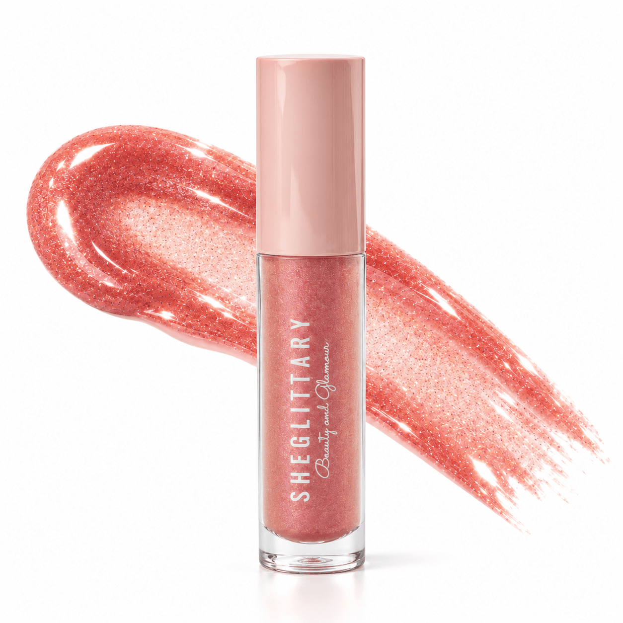 Sheglittary High Lip Gloss About U bottle and matching gloss swatch