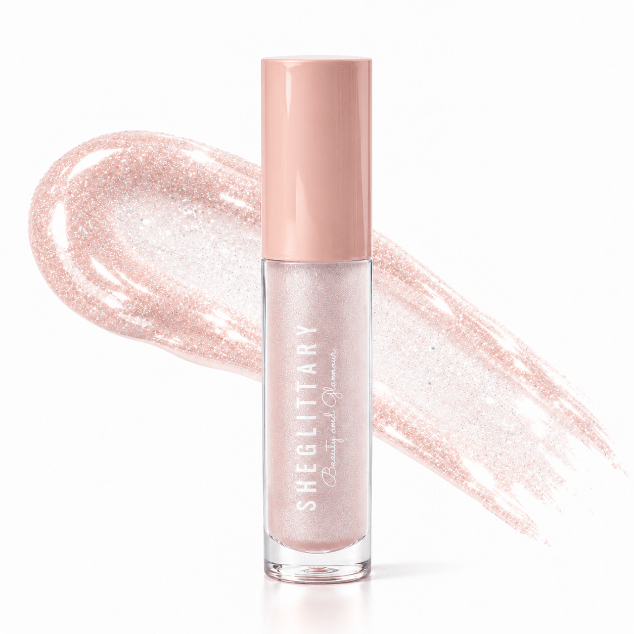 Sheglittary High Lip Gloss Angel bottle and matching gloss swatch