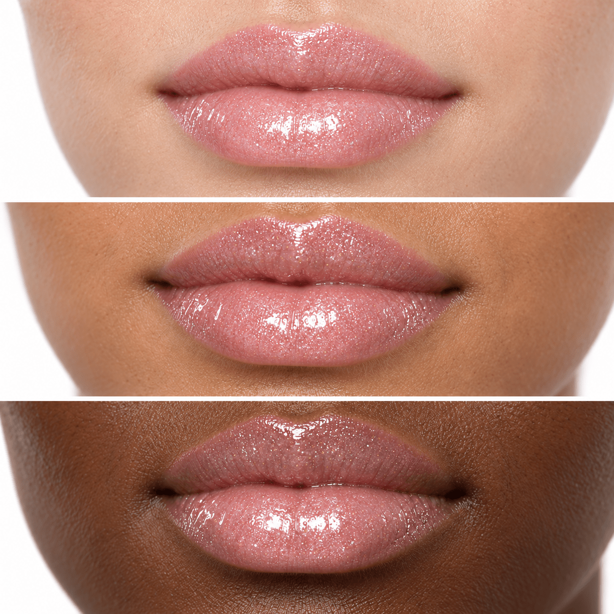 Sheglittary High Lip Gloss Angel illustrative lip swatches on light medium and deep skin