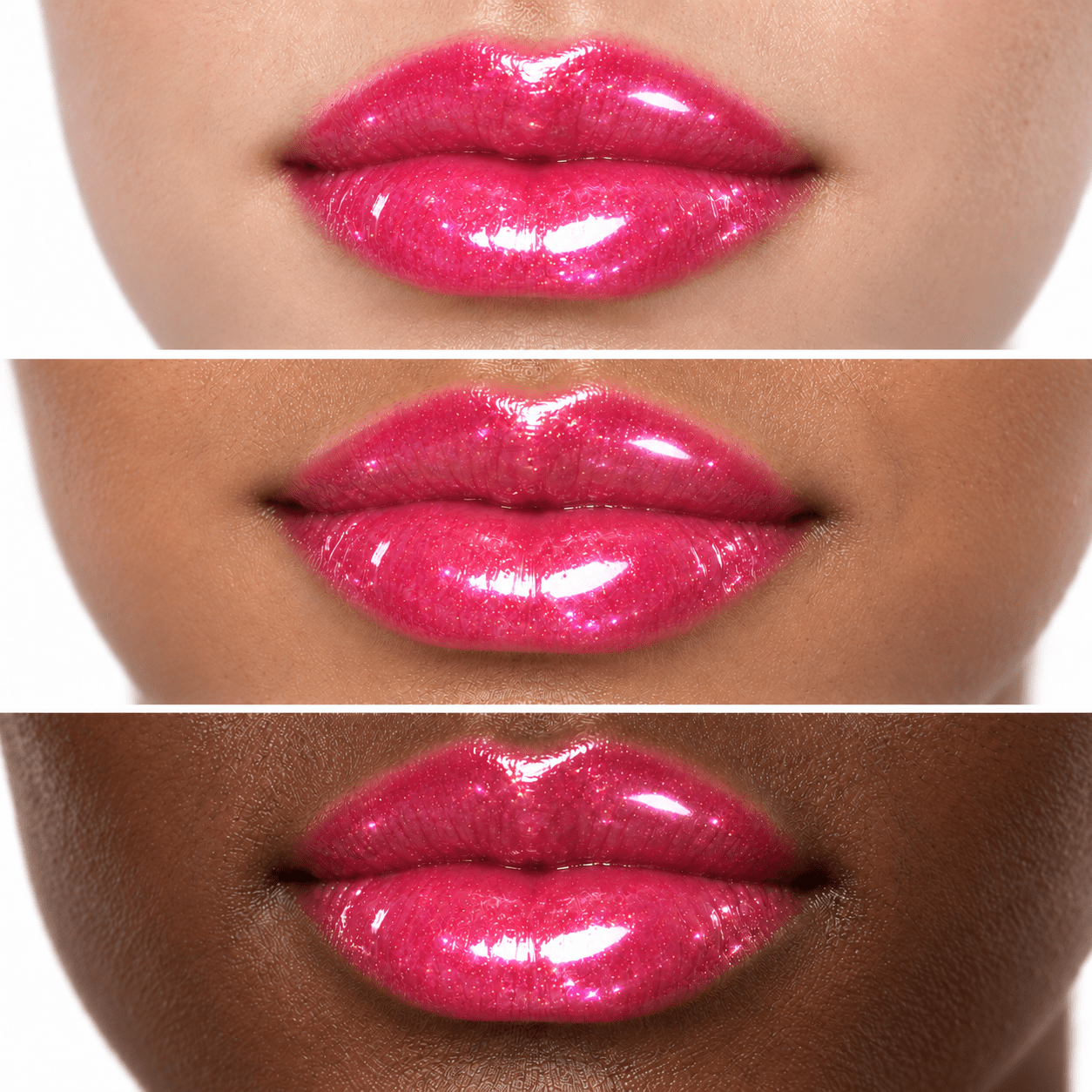 Sheglittary High Lip Gloss Cotton Candy illustrative lip swatches on light medium and deep skin