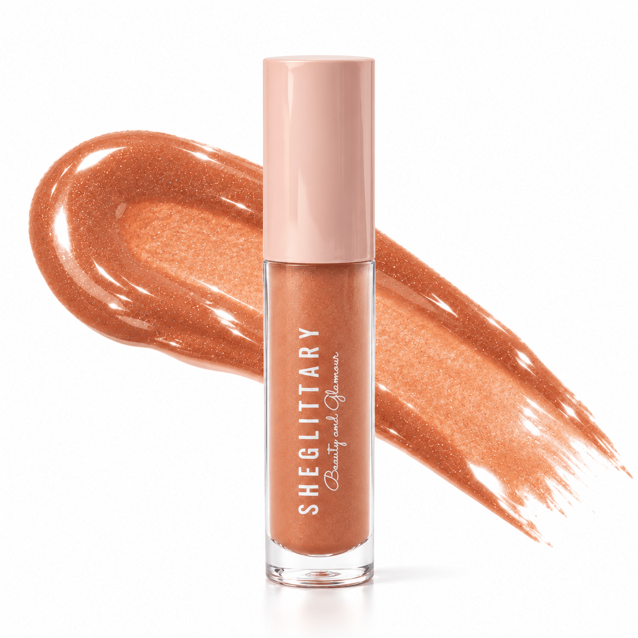 Sheglittary High Lip Gloss Glamour bottle and matching gloss swatch