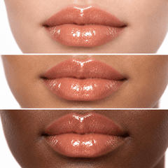 Sheglittary High Lip Gloss Golden Caramel illustrative lip swatches on light medium and deep skin