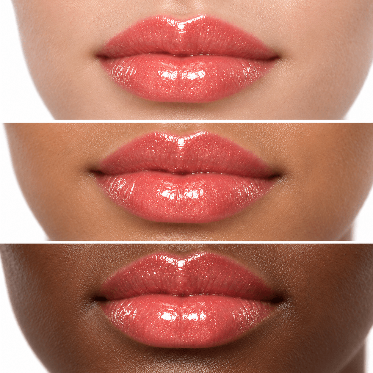 Sheglittary High Lip Gloss Gorgeous Girls illustrative lip swatches on light medium and deep skin