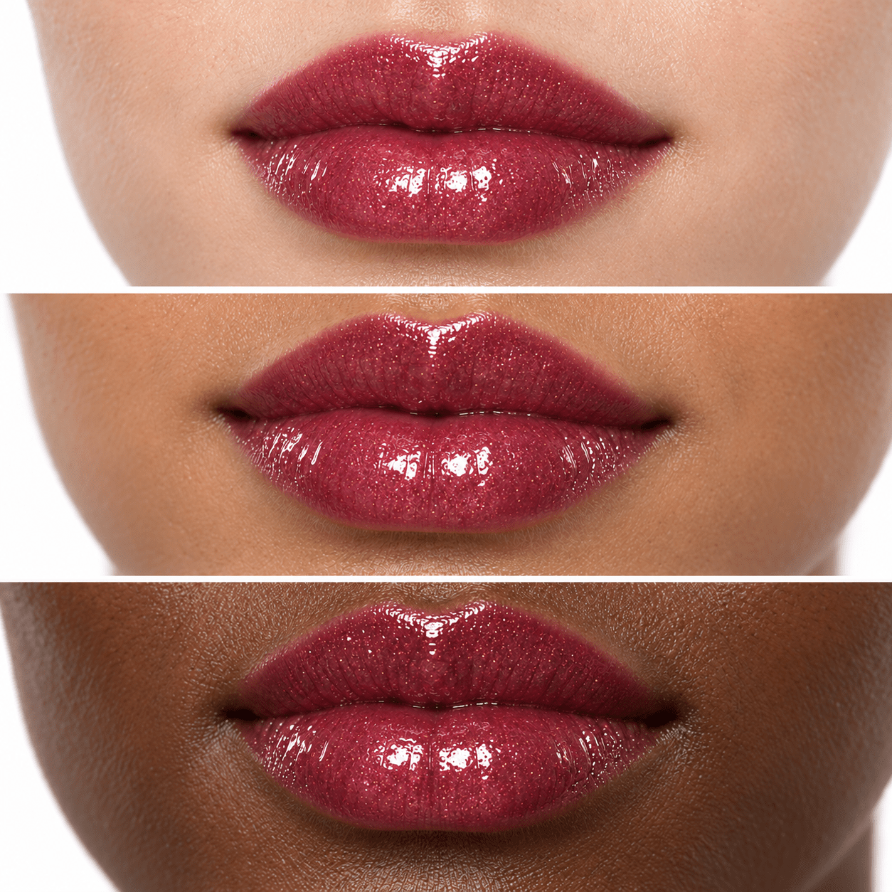 Sheglittary High Lip Gloss Lost Angel illustrative lip swatches on light medium and deep skin
