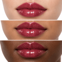 Sheglittary High Lip Gloss Lost Angel illustrative lip swatches on light medium and deep skin