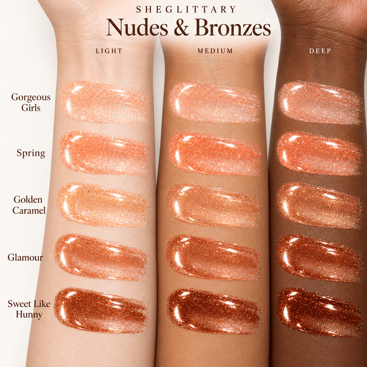 Sheglittary High Lip Gloss Nudes & Bronzes illustrative swatches on three skin tones