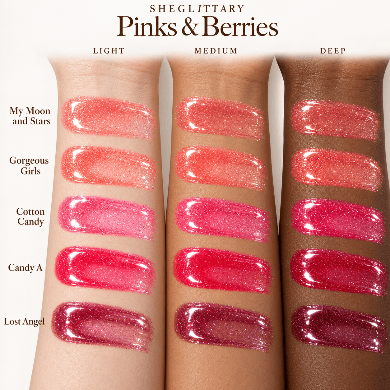 Sheglittary High Lip Gloss Pinks & Berries illustrative swatches on three skin tones