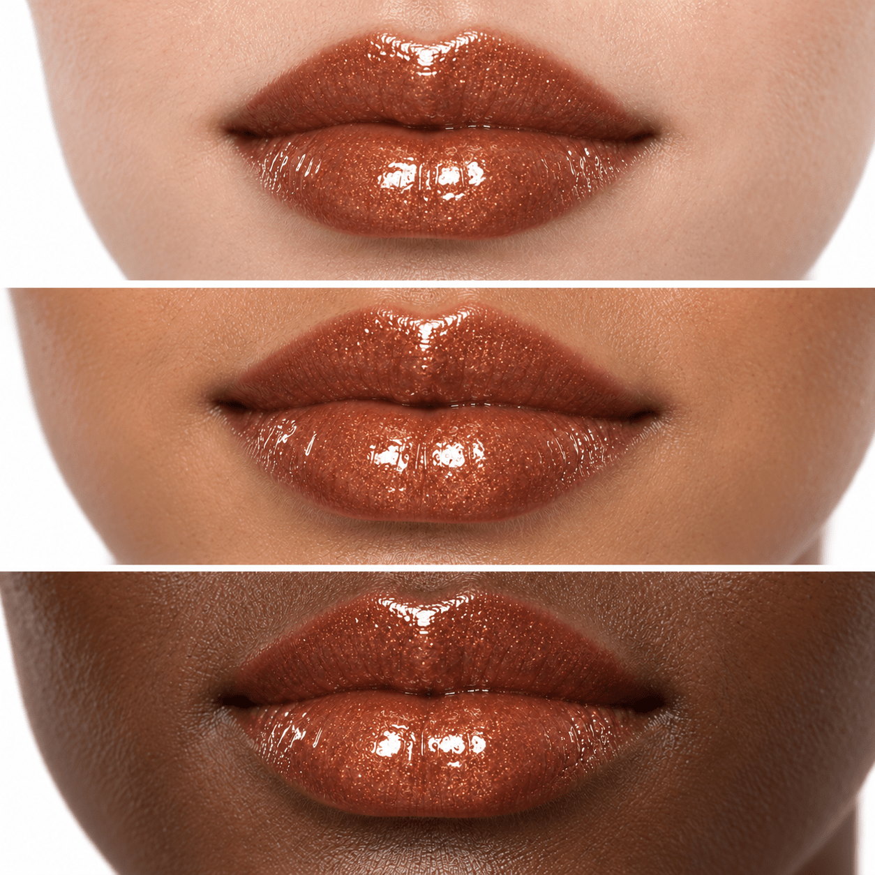 Sheglittary High Lip Gloss Sweet Like Hunny illustrative lip swatches on light medium and deep skin