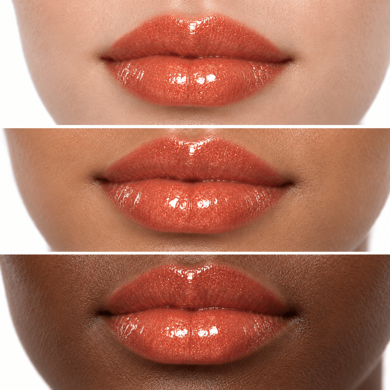 Sheglittary High Lip Gloss Yesss Girl illustrative lip swatches on light medium and deep skin