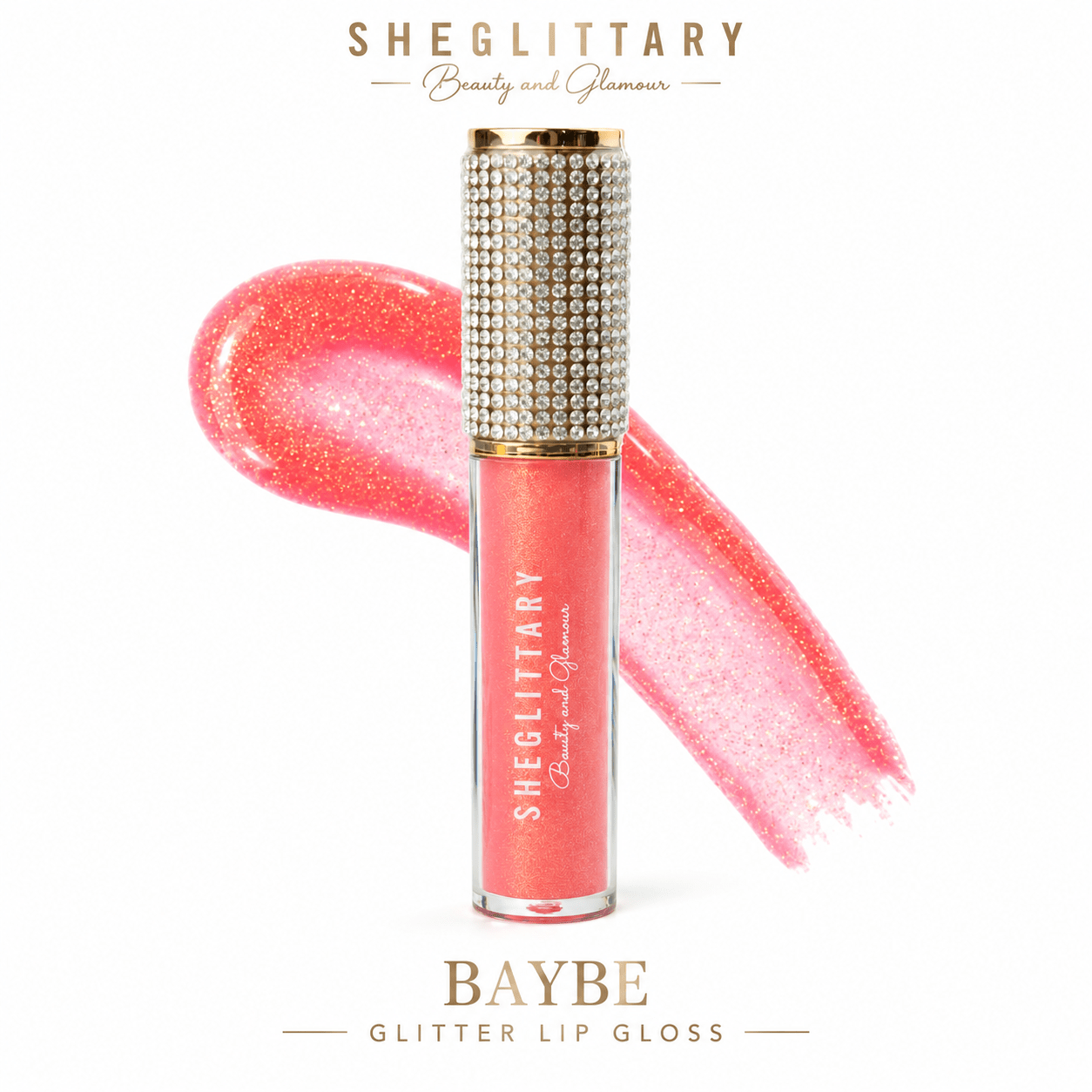 Sheglittary Glitter Lip Gloss Baybe bottle and swatch