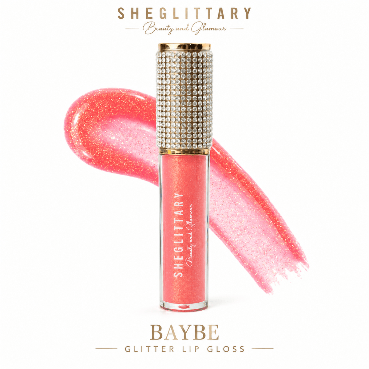 Sheglittary Glitter Lip Gloss Baybe bottle and swatch