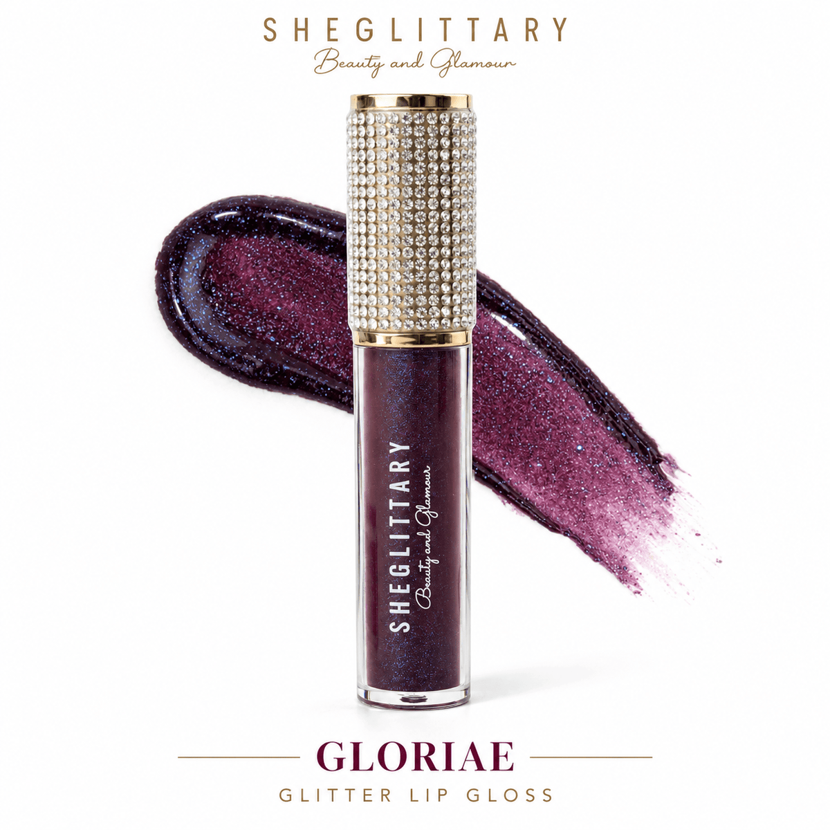 Sheglittary Glitter Lip Gloss Gloriae bottle and swatch