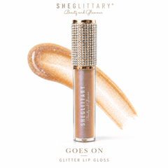 Sheglittary Glitter Lip Gloss Goes On bottle and swatch