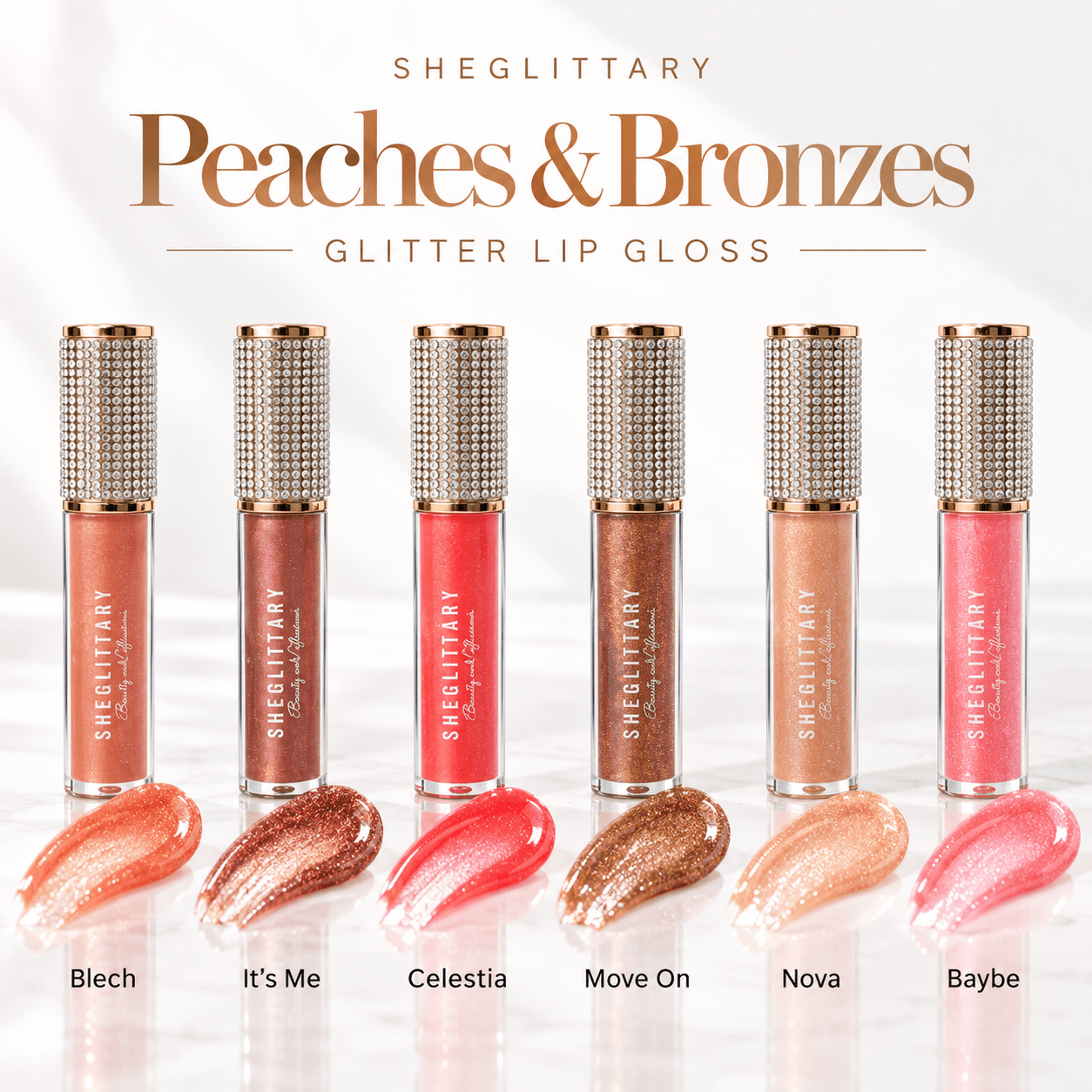 Sheglittary Glitter Lip Gloss Peaches & Bronzes comparison