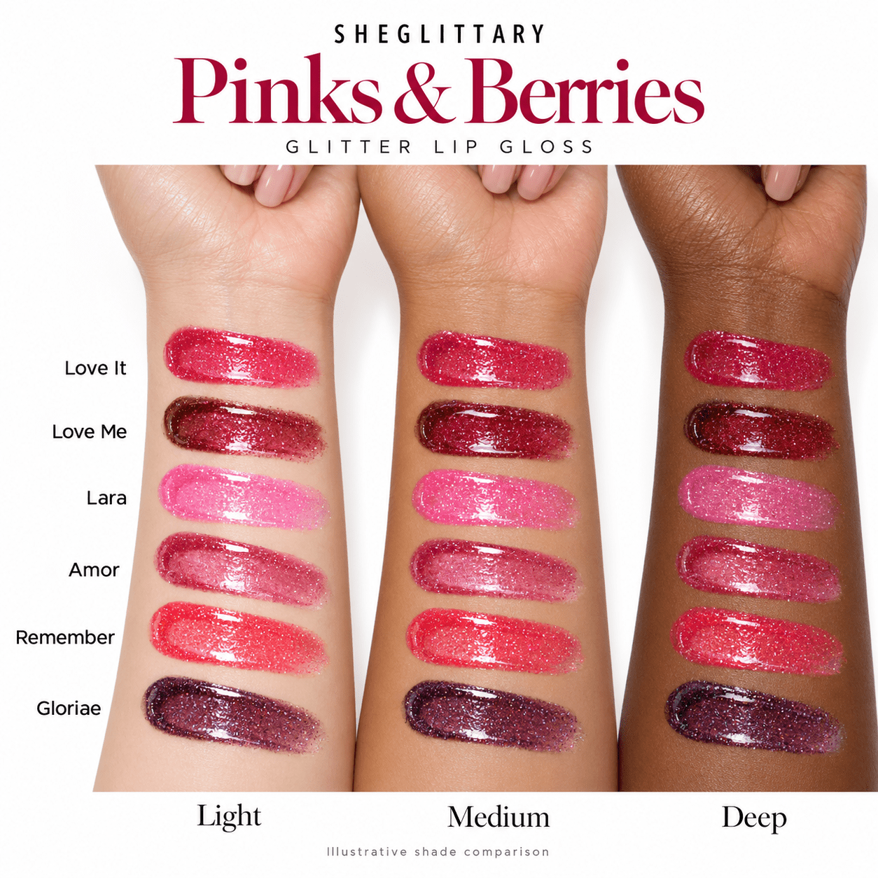 Sheglittary Glitter Lip Gloss Pinks & Berries arm swatches