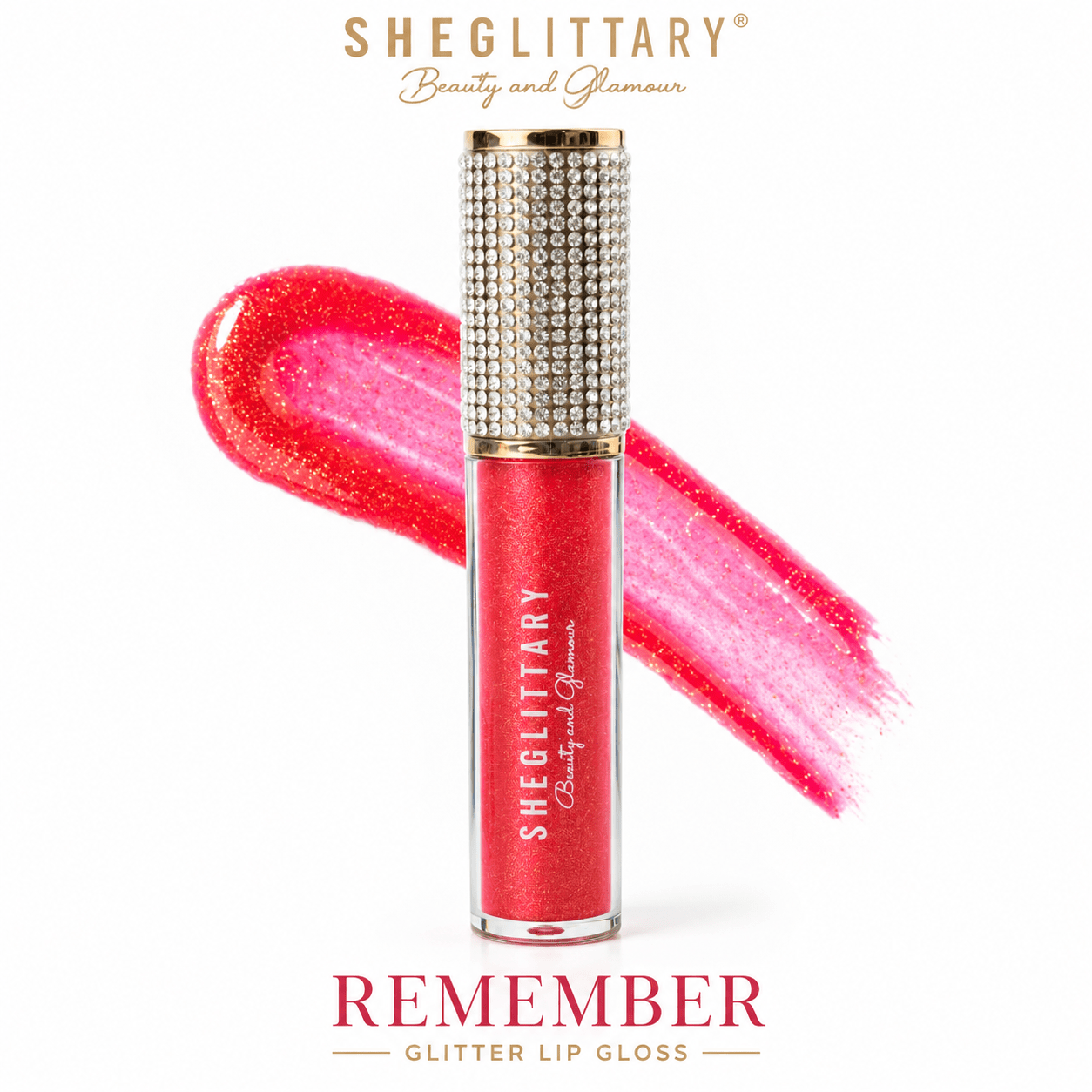 Sheglittary Glitter Lip Gloss Remember bottle and swatch