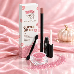 SHEGLITTARY Soft Glitter Lip Kit – upgraded packaging on pink satin