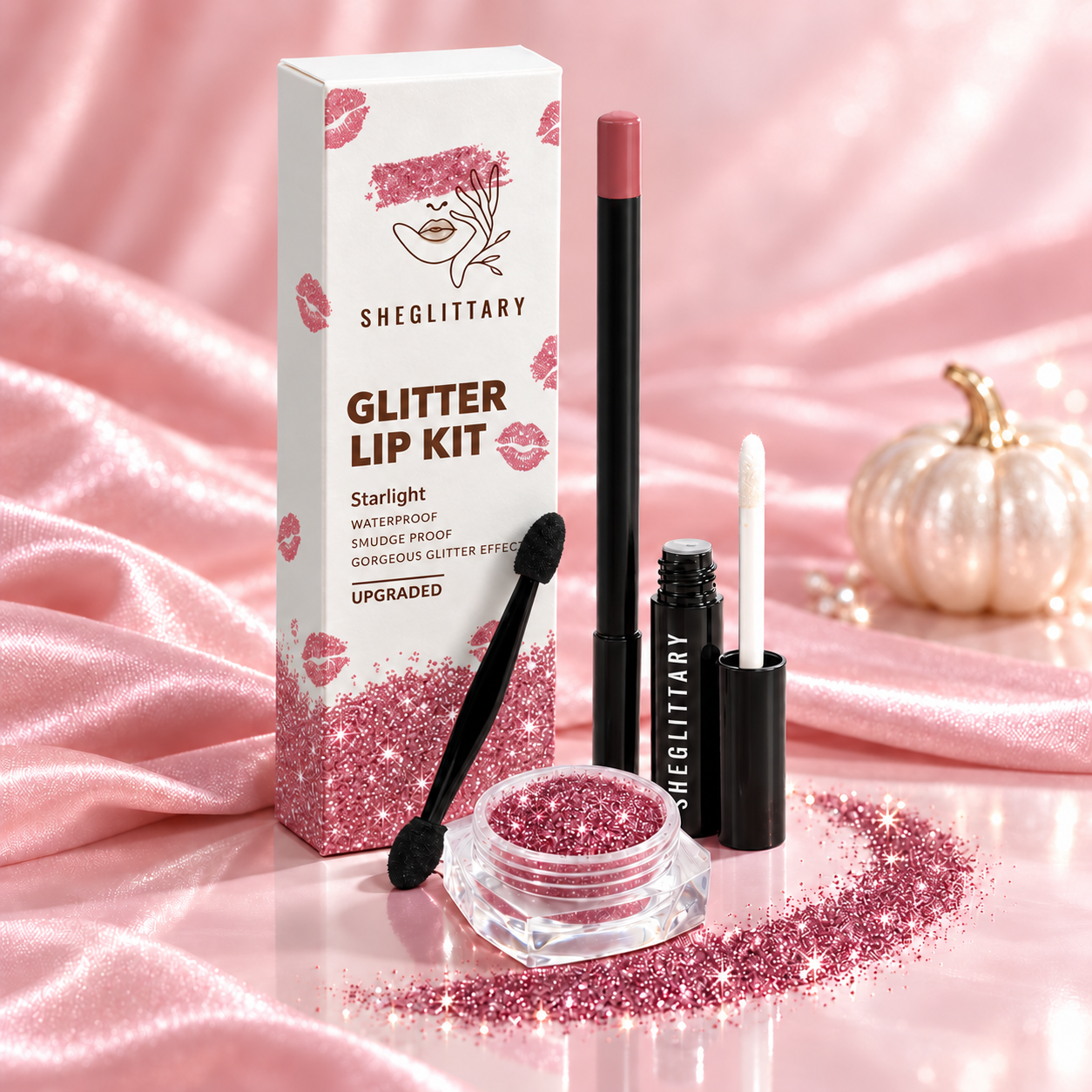 SHEGLITTARY Starlight Glitter Lip Kit – upgraded packaging on pink satin
